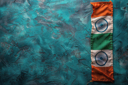 Indian flag on a teal textured background, with space for text.の素材