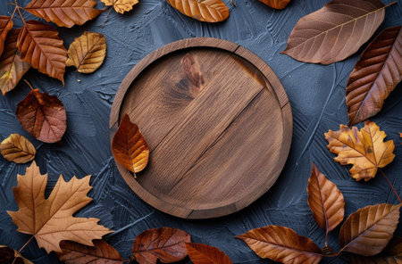 A wooden plate sits in the center of a blue background, surrounded by a variety of brown and yellow autumn leaves.の素材