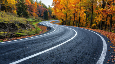 A winding asphalt road stretches through a vibrant autumn forest with colorful trees on either side.の素材