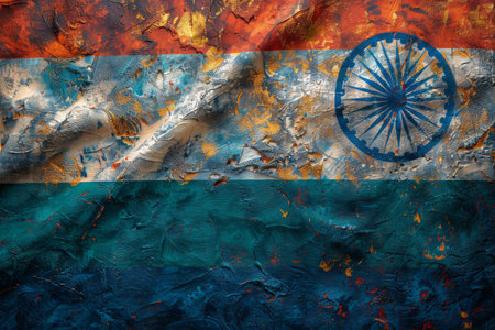 A close-up of the Indian flag painted on a textured surface, showing signs of wear and tear.の素材