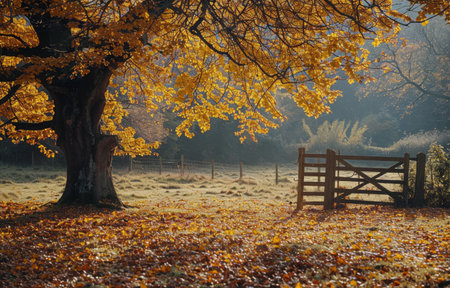 A picturesque autumn scene with a sunlit path leading to a wooden gate. Golden leaves cover the ground and a large tree casts a shadow over the path.の素材