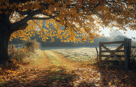 A picturesque autumn scene with a sunlit path leading to a wooden gate. Golden leaves cover the ground and a large tree casts a shadow over the path.の素材