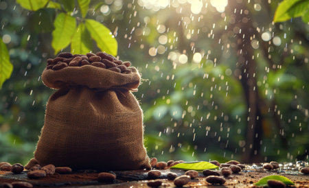 A burlap bag filled with cocoa beans sits on the forest floor in a lush rainforest setting, with rain falling around it.の素材