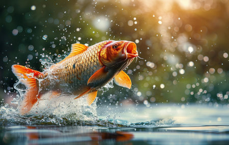 A carp leaps from a calm body of water with its mouth open, creating a splash and water droplets.の素材