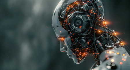 A digital illustration of a futuristic robot with exposed wiring, rendered in a dark, moody setting.の素材