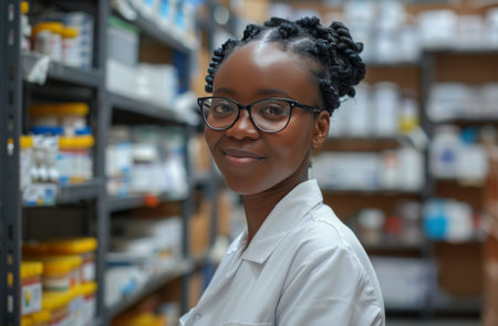 A female pharmacist stands in the middle of a pharmacy aisle, smiling and with arms crossed.の素材