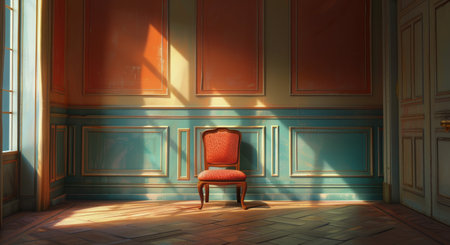 A bright, sunny room with a wooden chair, potted flowers, and a window overlooking a green scene.の素材