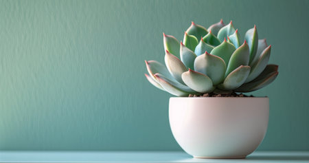 A single succulent plant in a mint green pot sits on a white surface with a teal wall in the background.の素材