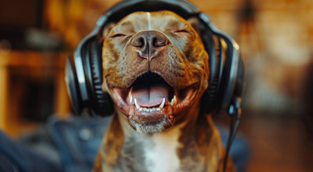 A golden retriever dog wearing black headphones with its mouth open and eyes closed.の素材