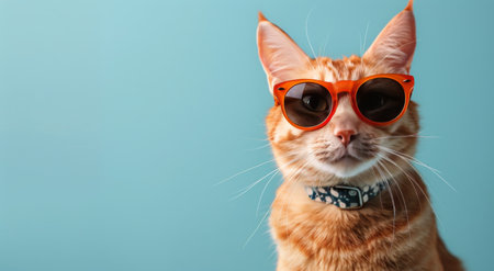 A ginger cat wearing sunglasses in front of a blue background.の素材