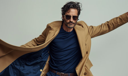 A man is posing with his tan coat open, revealing a navy blue t-shirt underneath. He is wearing sunglasses and has a brown belt around his waist.の素材