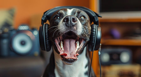 A brown dog with large, dark headphones is yawning with its mouth open, sitting on a couch.の素材