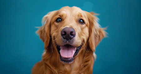 A golden retriever dog smiles brightly against a blue background.の素材