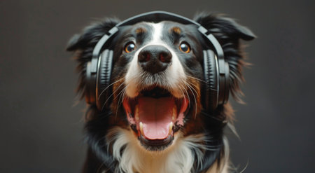 A golden retriever dog wearing black headphones with its mouth open and eyes closed.の素材