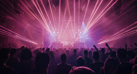 A large crowd of people is silhouetted in front of a stage with bright pink laser lights.の素材