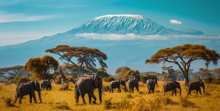 A herd of African elephants graze in the golden grasslands of the African savanna with Mount Kilimanjaro in the background.の素材