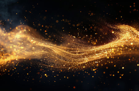 A digital rendering of a golden glitter wave flowing through a dark background.の素材