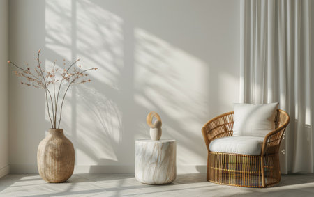 A wicker rocking chair sits in a sunlit room with dried flowers in a white vase. A small table with a wicker bowl sits next to the chair. The room is bathed in natural light and shadows.の素材