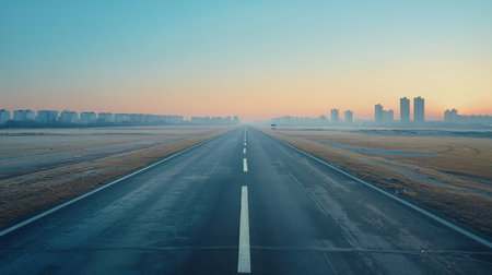 A wide shot of a straight road leading to a city skyline with the sun rising in the background.の素材