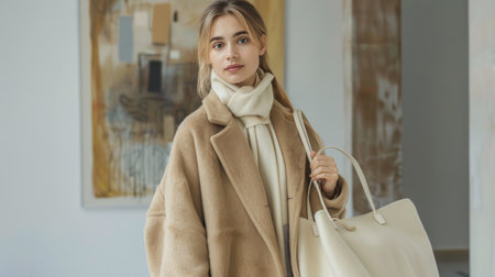 A young woman in a beige coat and a white scarf holds a large, white tote bag while standing in a modern home.の素材