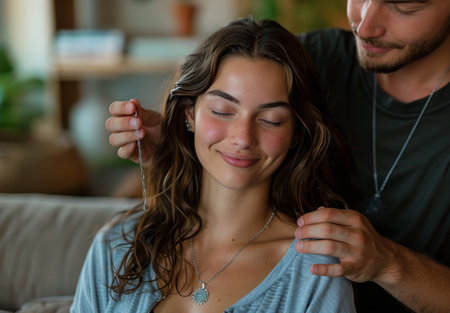 A woman with curly hair sits on a couch, eyes closed, as a man gently massages her hair.の素材