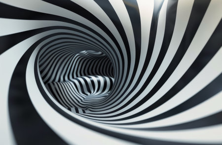 A close-up image of a black and white spiral abstract illustration.の素材
