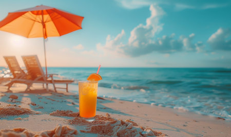 A peaceful beach scene with a red umbrella, a beach chair, and a refreshing cocktail on the sand, perfect for summer vacation.の素材