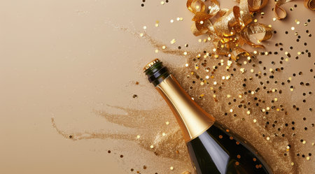 A champagne bottle with a gold foil top sits on a beige background surrounded by scattered gold confetti and a ribbon.の素材