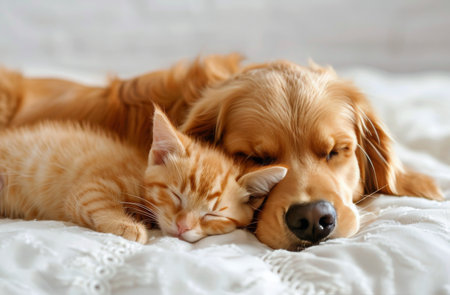 A golden retriever dog and a ginger kitten sleep soundly on a white bed with their heads close together.の素材