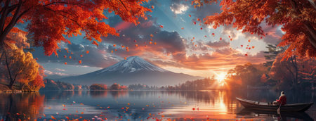A tranquil scene of Mount Fuji with a golden sunrise, surrounded by vibrant autumn foliage and a small boat gently gliding across a serene lake.の素材