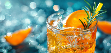 A close-up of a summer cocktail with orange slices and rosemary garnish.の素材