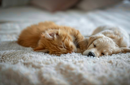 A close-up shot of a golden retriever puppy and a ginger cat sleeping peacefully together on a white fluffy rug.の素材