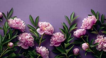 A flat lay of pink peonies with green stems arranged on a lavender background.の素材