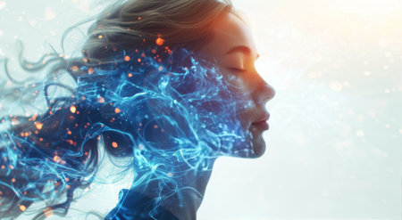 A woman with her eyes closed, surrounded by a blue, ethereal energy.の素材