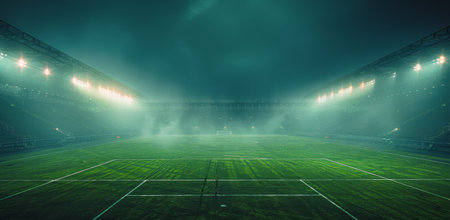 A view of an empty soccer stadium illuminated by floodlights at night.の素材
