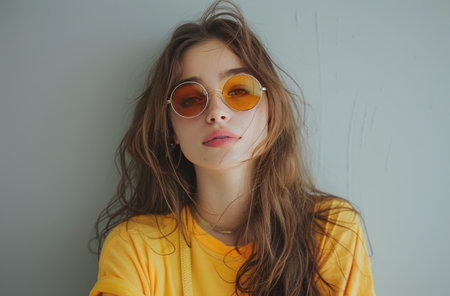A young woman with long brown hair wearing round orange sunglasses poses against a gray wall.の素材