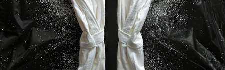 Close-up of two karate belts tied on their respective gis. The image is in black and white with water droplets falling in the background.の素材