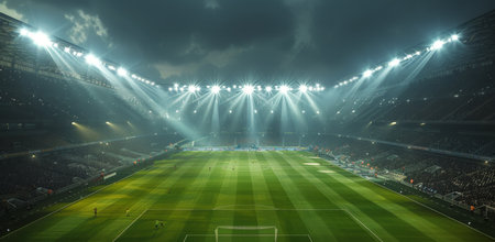 A view of an empty soccer stadium illuminated by floodlights at night.の素材
