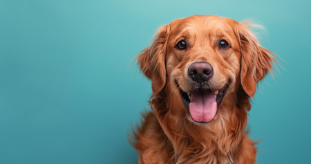 A close-up image of a Golden Retriever dog smiling with its tongue sticking out against a blue background.の素材