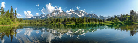 A breathtaking panoramic view of Mount Rainier, its snow-capped peak mirrored in the tranquil waters of a mountain lake.の素材