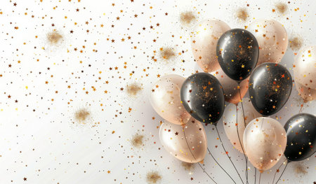 A cluster of gold, black, and white balloons with gold star confetti on a white background.の素材