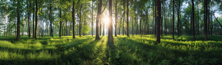 A panoramic view of a dense, green forest with sunlight shining through the tall trees at dawn.の素材