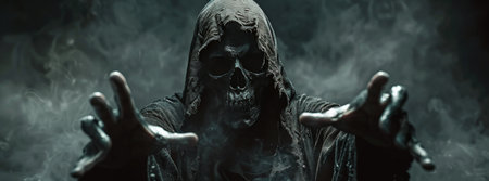 A close-up shot of a Grim Reaper reaching out from a smoky, dark background. The Reapers skeletal face and outstretched hands are visible.の素材