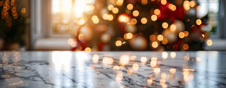 A close-up of a shiny marble tabletop with a blurred background of a Christmas tree with lights and ornaments.の素材