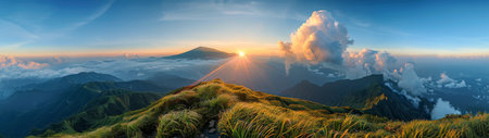 A panoramic view from a mountaintop, showcasing rolling hills, dense clouds, and a sunlit sky.の素材