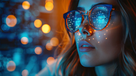 A woman with glasses making direct eye contact with the camera.の素材
