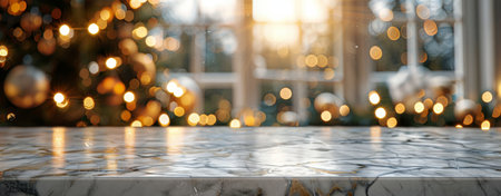 A close-up of a shiny marble tabletop with a blurred background of a Christmas tree with lights and ornaments.の素材