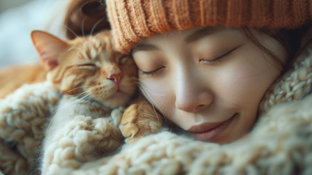 A woman is seated while affectionately cuddling with a cat on her lap.の素材