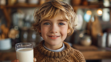 Young boy holding a glass of milk in a room.の素材