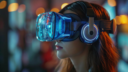 A woman immersed in virtual reality experience while wearing a headset.の素材